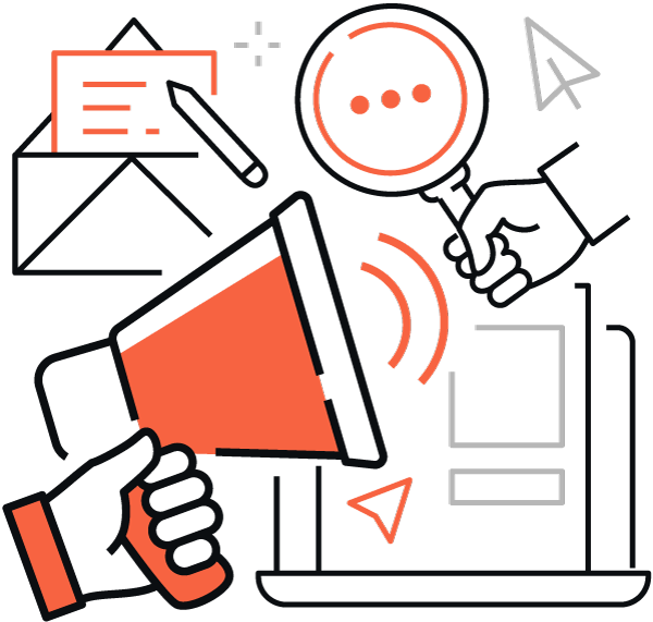 Importare un'illustrazione grafica di rivendita di uno strumento di marketing digitale con una combinazione di colori arancione e nero, includendo megafoni di e-commerce transfrontalieri, icone di ricerca, dispositivi mobili e documenti.