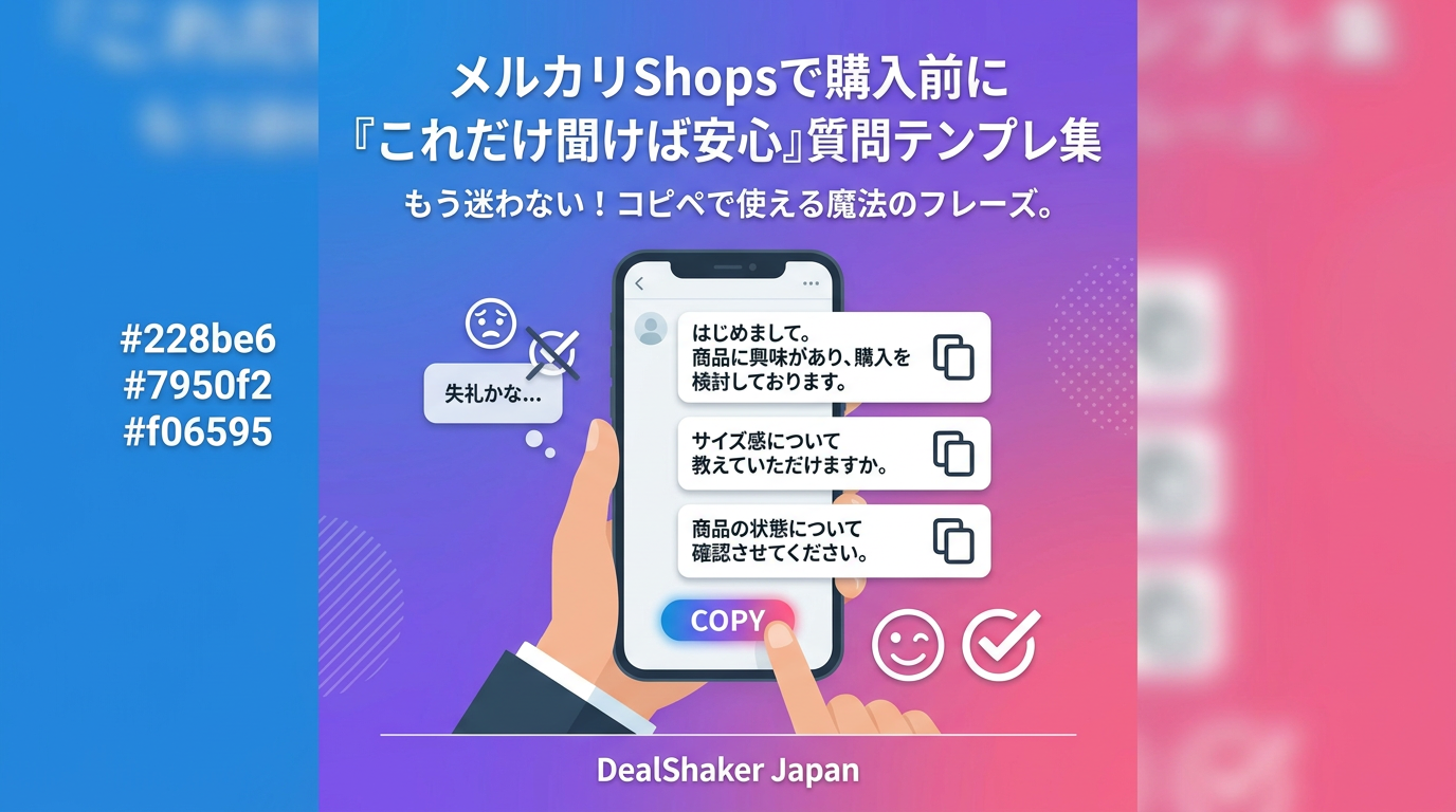 輸入転売 越境EC ある手が、メルカリショップ向けの日本語の問い合わせフレーズテンプレートが表示されたスマートフォンを持ち、商品への関心、サイズ、状態に関するメッセージをコピーするためのボタンが表示されています。.